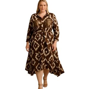 Ashley Stewart Brown and Cream Long Sleeve Dress